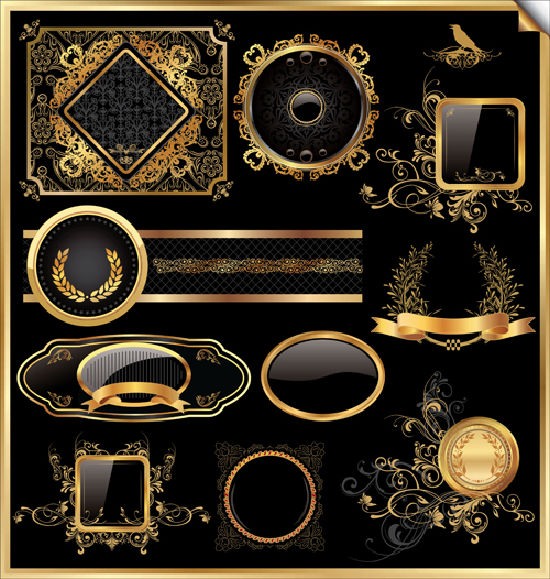 Dark gold frame labels luxury vector set 09