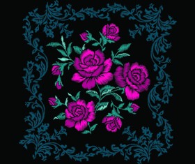 Embroidery flower with frame vector material