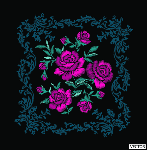 Embroidery flower with frame vector material
