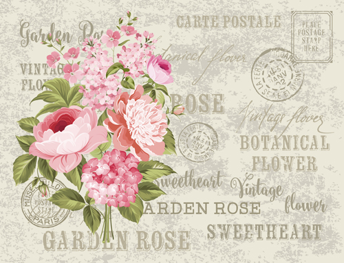 Flower with stamp vintage vectors material 05