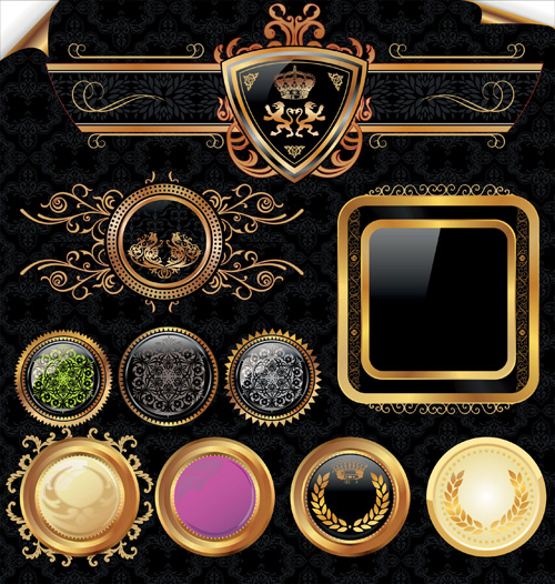 Golden frame with badge and labels luxury vector