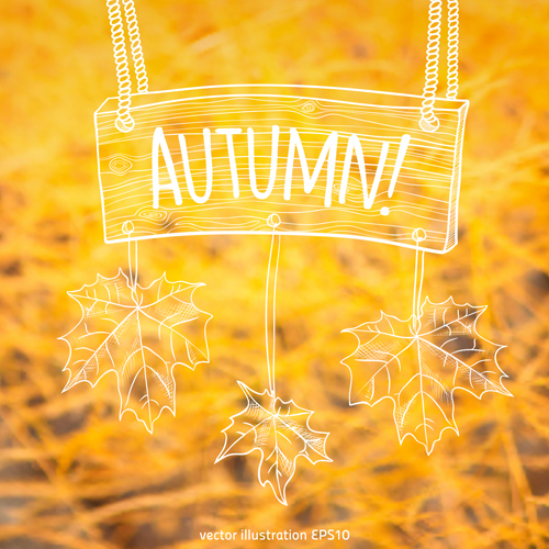Hand drawn autumn elements with blurs background vector 07