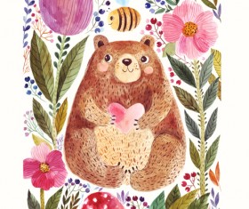 Hand drawn bear with flower vector 01