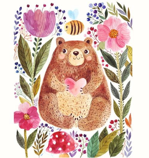 Hand drawn bear with flower vector 01