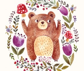 Hand drawn bear with flower vector 02
