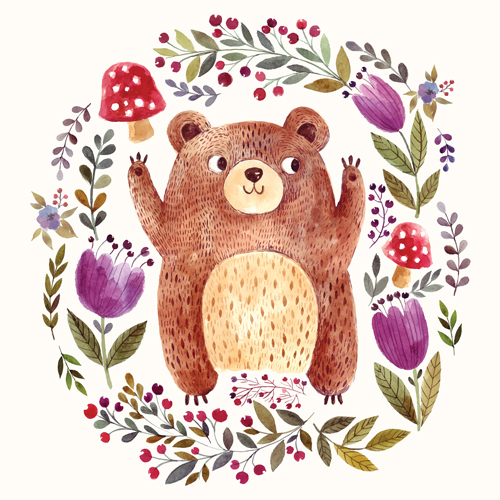 Hand drawn bear with flower vector 02