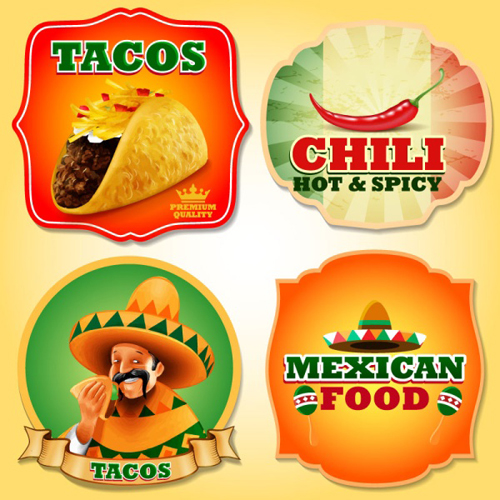 Mexican food with tacos and chili labels vector