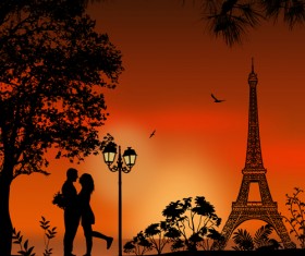 Night paris with lovers vector set 01