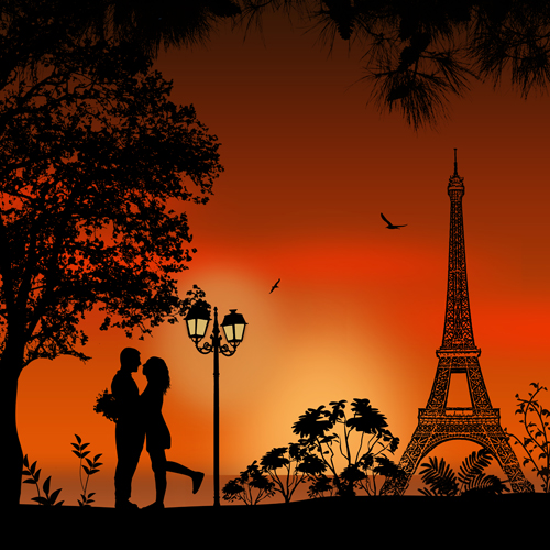 Night paris with lovers vector set 01