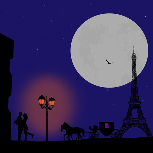 Night paris with lovers vector set 02