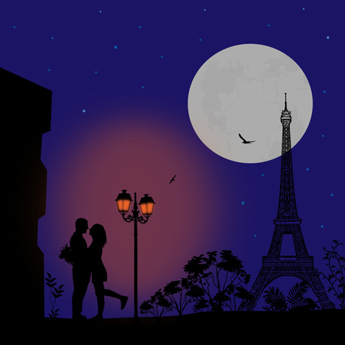 Night paris with lovers vector set 03