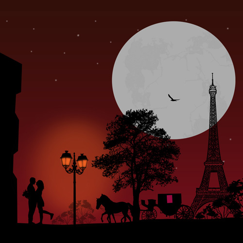 Night paris with lovers vector set 04