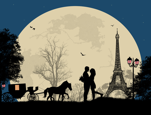 Night paris with lovers vector set 06