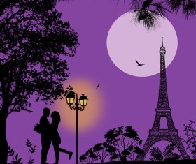 Night paris with lovers vector set 07