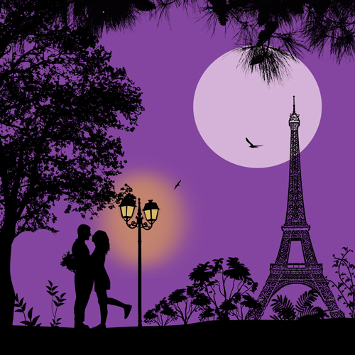 Night paris with lovers vector set 07