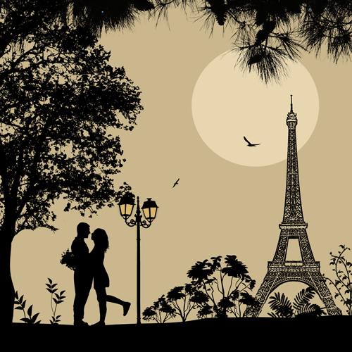 Night paris with lovers vector set 12