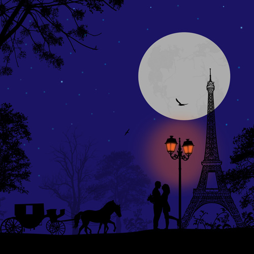 Night paris with lovers vector set 15