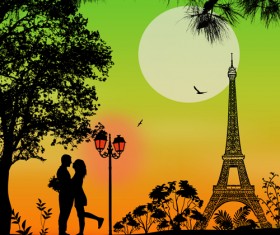 Night paris with lovers vector set 16
