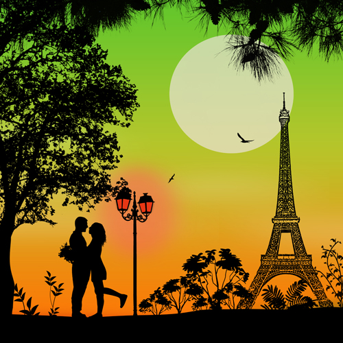 Night paris with lovers vector set 16