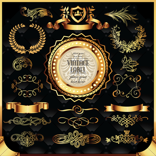 Ornaments golden labels with ribbon luxury vector