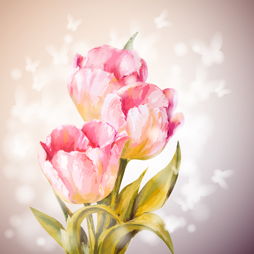 Pink flower hand drawn backgrounds vector 05