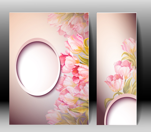 Pink flower with flyer design vector 07