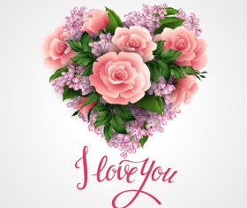 Pink flower with heart valentines day cards vector 01