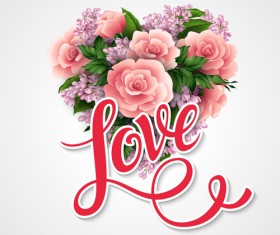 Pink flower with heart valentines day cards vector 02