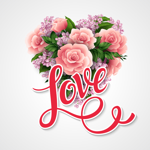 Pink flower with heart valentines day cards vector 02