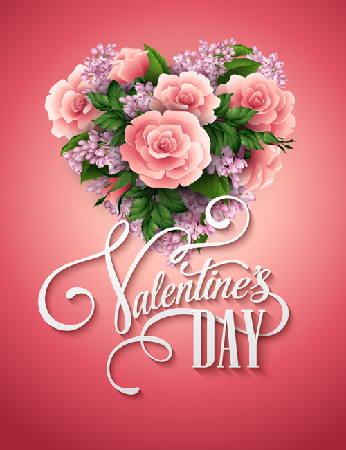 Pink flower with heart valentines day cards vector 03