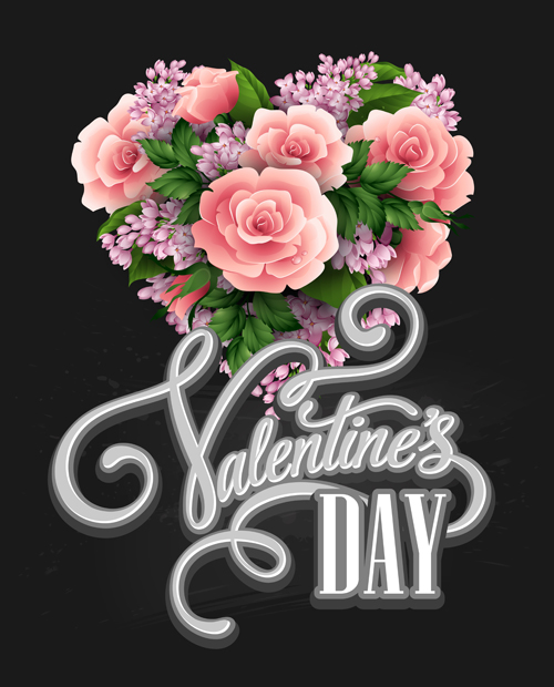 Pink flower with heart valentines day cards vector 04