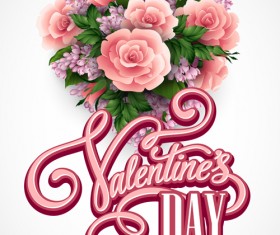 Pink flower with heart valentines day cards vector 05
