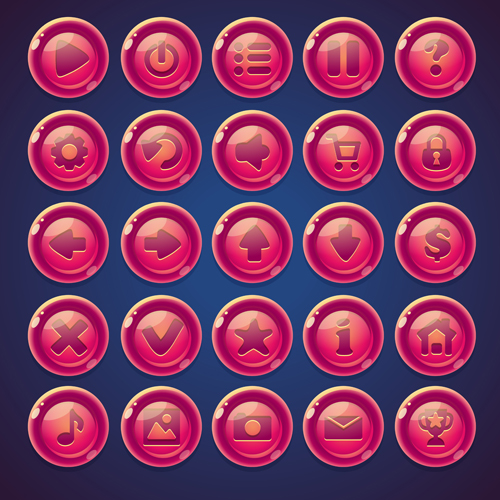 Pink round icons for web video game vector