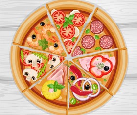 Pizza slice and wooden background vector
