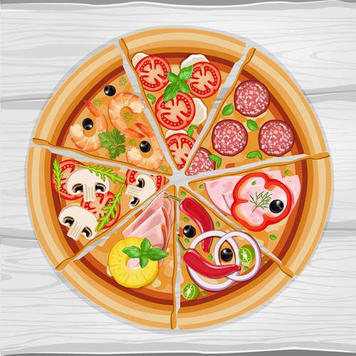 Pizza slice and wooden background vector