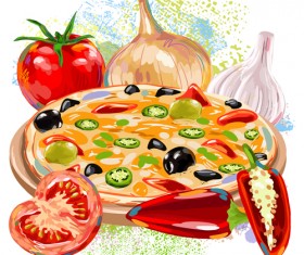 Pizza with grunge background vector 04