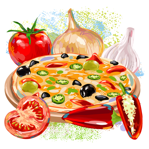 Pizza with grunge background vector 04