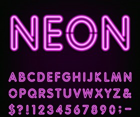 Purple neon alphabet with number and sign vector