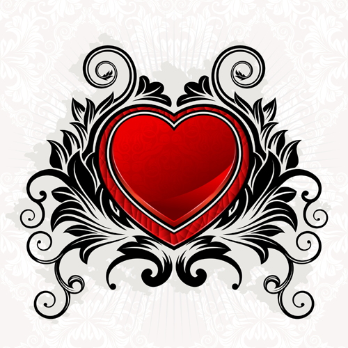 Red heart with floral ornaments vector 03