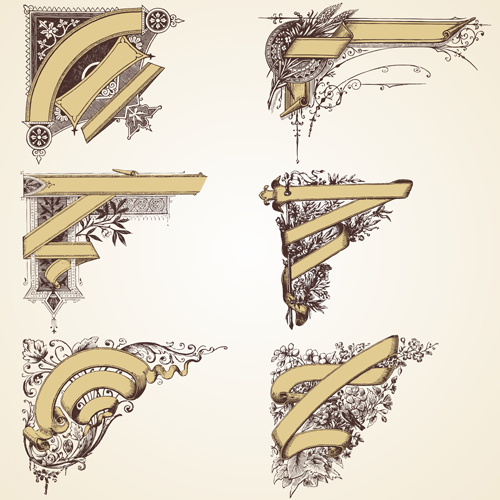 Ribbons with floral decor retro vector 02