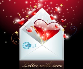 Shiny red heart with envelope valentines day cards