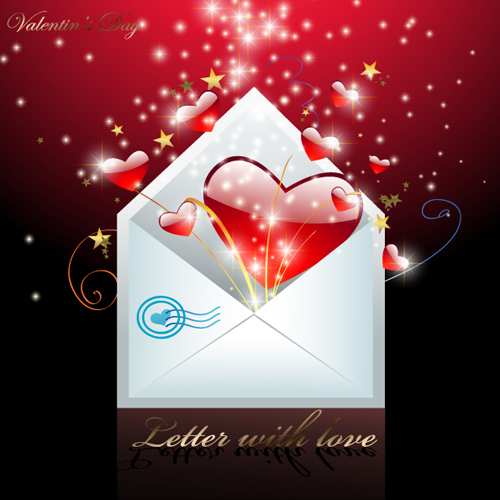 Shiny red heart with envelope valentines day cards