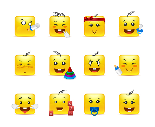 Square smiling faces expressions icons yellow vector set 01