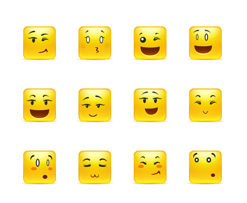 Square smiling faces expressions icons yellow vector set 02