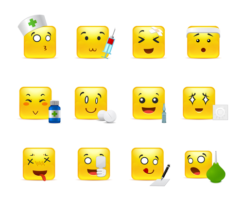 Square smiling faces expressions icons yellow vector set 03