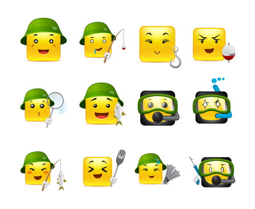 Square smiling faces expressions icons yellow vector set 04