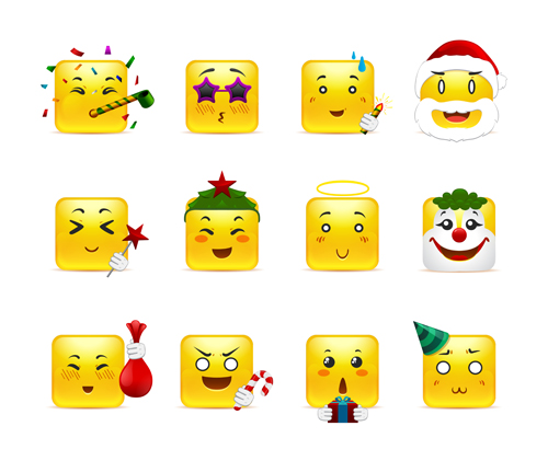 Square smiling faces expressions icons yellow vector set 06