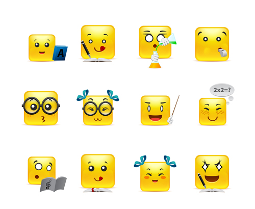 Square smiling faces expressions icons yellow vector set 08