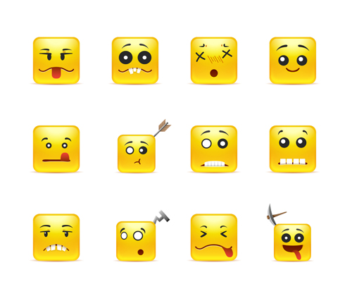 Square smiling faces expressions icons yellow vector set 09
