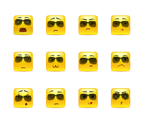Square smiling faces expressions icons yellow vector set 10